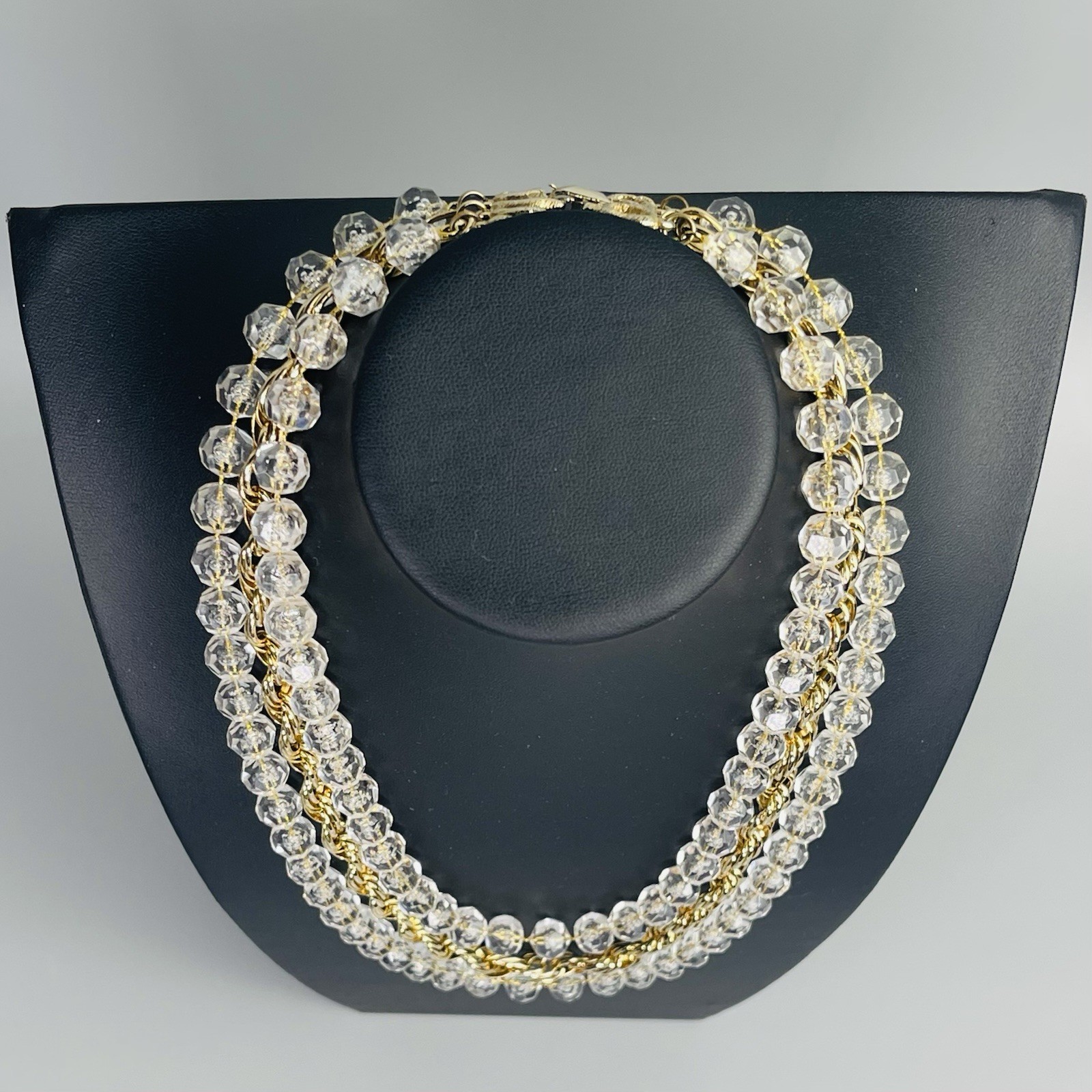 Sarah Coventry “Golden Ice” 3 Strand Clear Bead Gold Tone Necklace Signed 21”