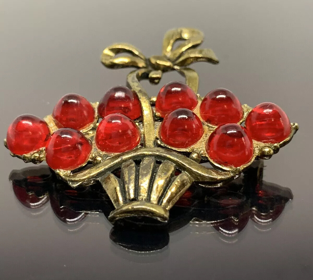 Antique Basket Brooch Red Poured Glass Gripoix Cabochons 1920s 1930s Cherries