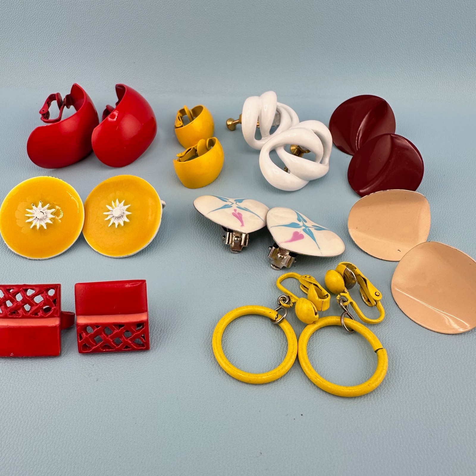 Vintage Enamel Metal Earrings Lot Clip On Bright Colorful 1980s Retro Pop MOD