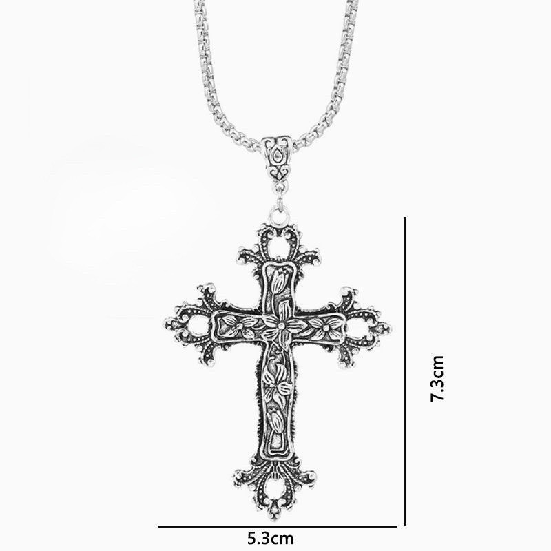 Gothic Vintage Large Trendy Silver Flower Cross Stainless Steel Necklace