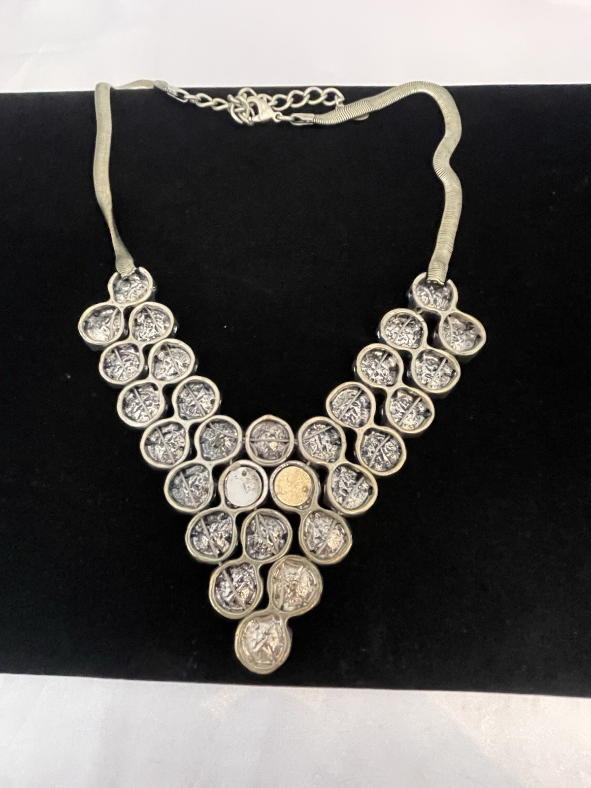 Vintage ALDO Drop “V” Rhinestone Necklace Silver Tone Snake Chain STATEMENT BIB