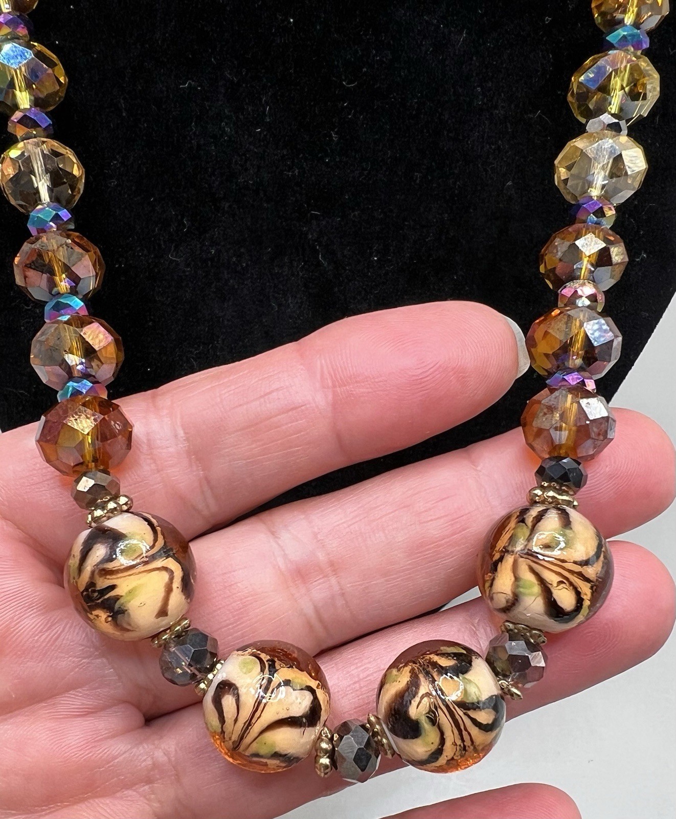 VTG Golden Brown Faceted Aurora Borealis Crystal & Swirled Glass Bead Necklace