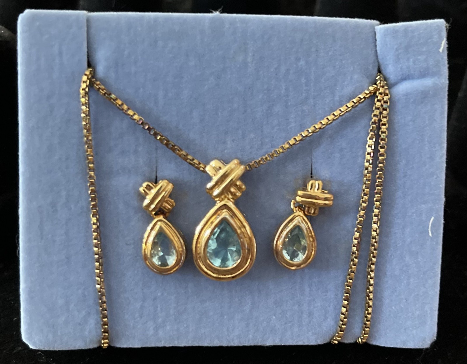 Vintage Avon Goldtone Teardrop Blue Topaz Color Necklace and Earring Set