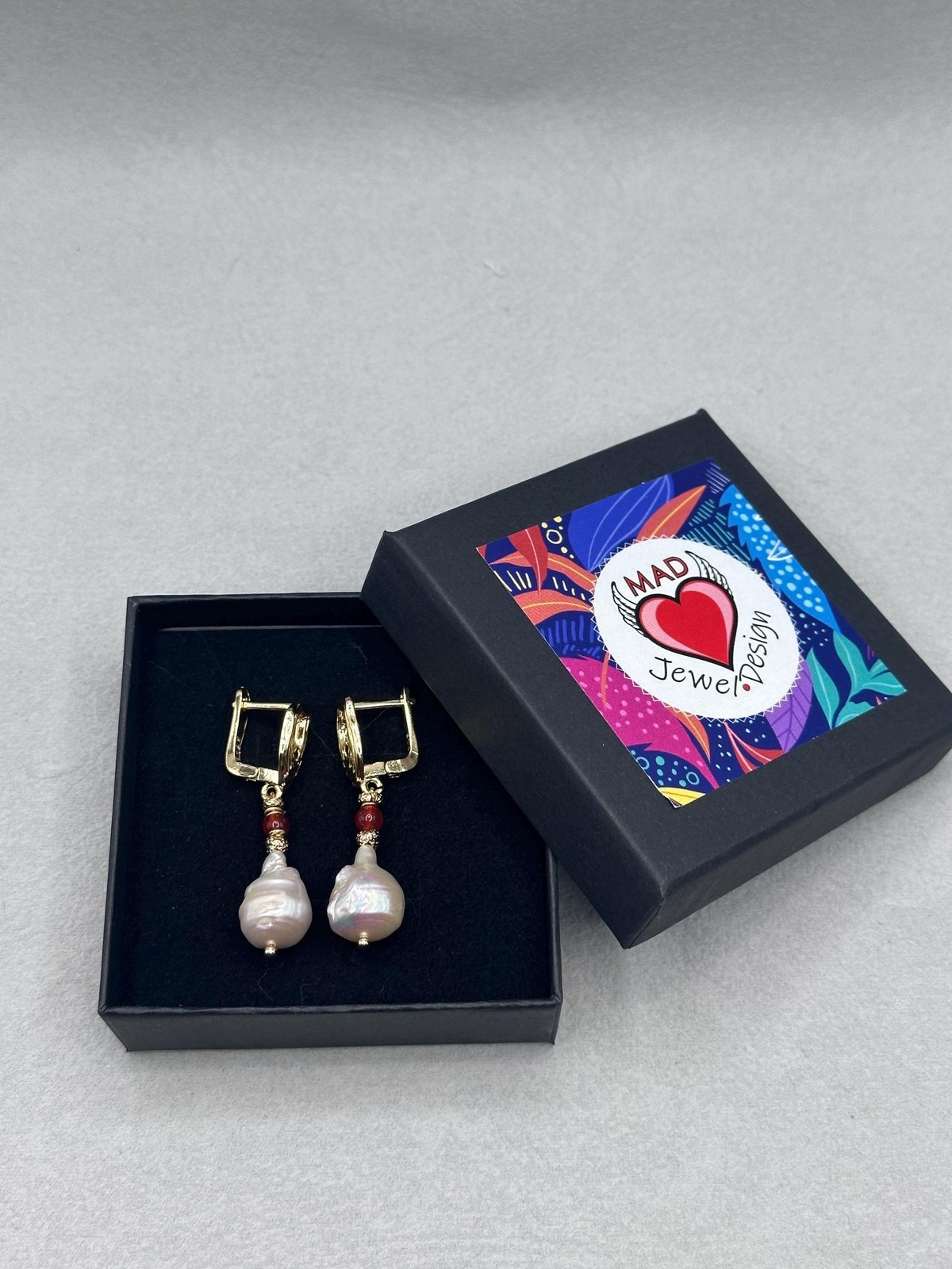 White Baroque Pearl Earrings With Carnelian Accent, Melting Lever back