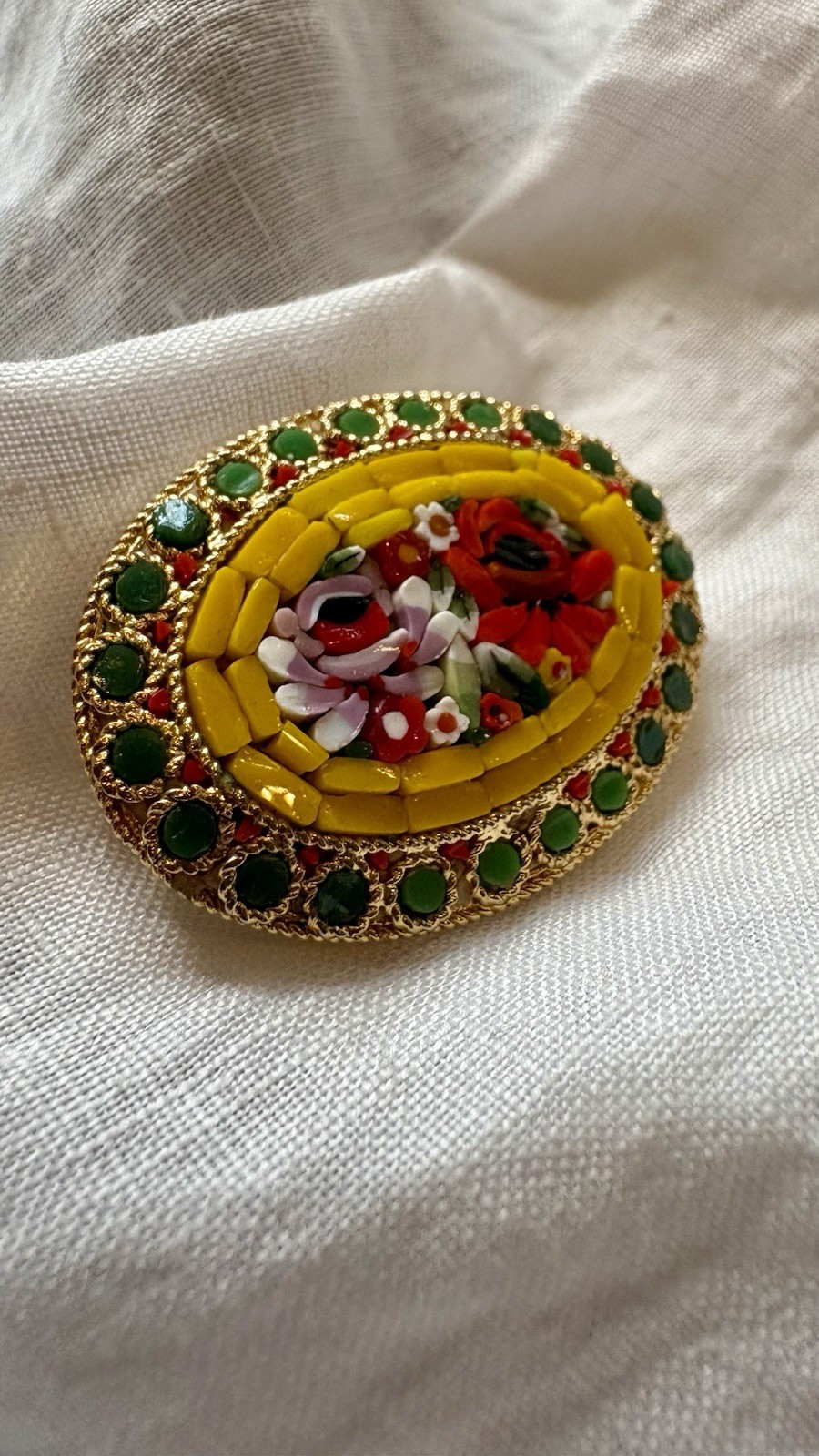 VTG Italian Micro Mosaic Glass Floral Artisan Oval Brooch Pin Millefiori 1.5”
