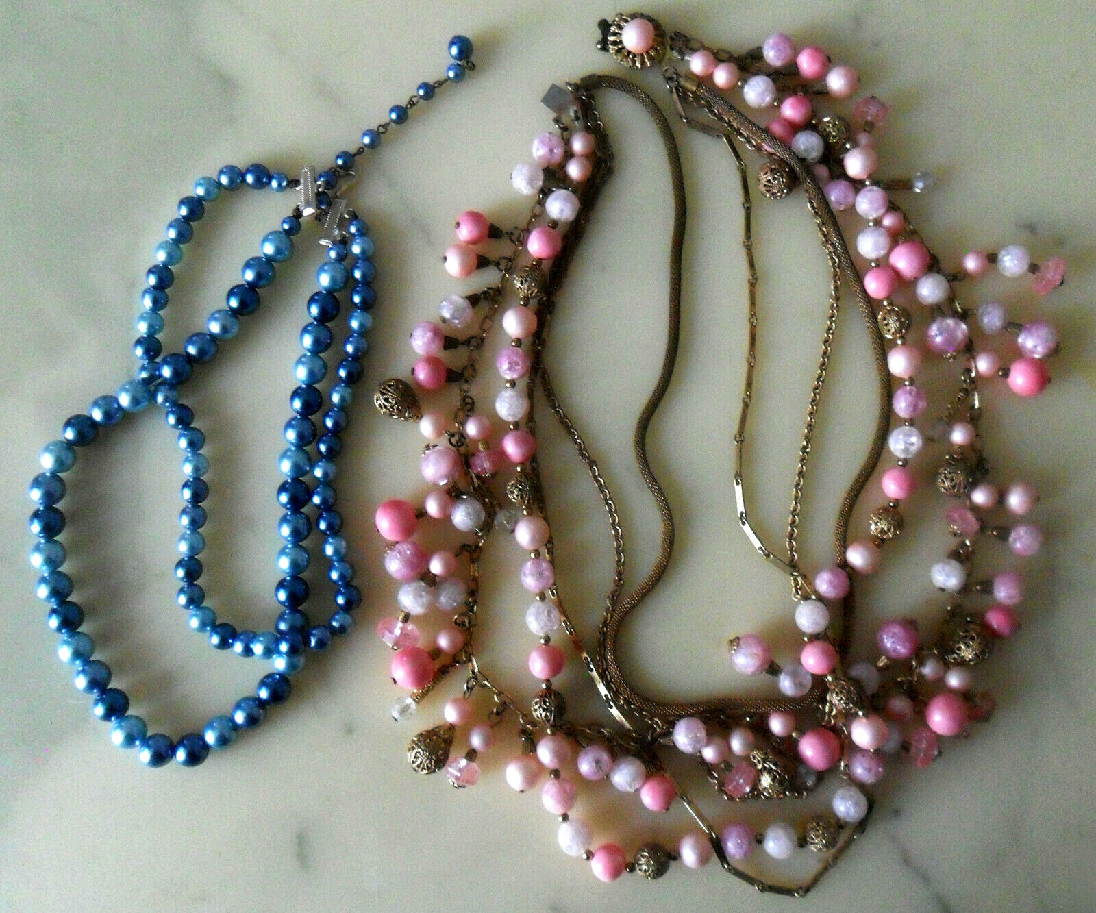 Lot of 2 Vintage NECKLACES Pink/Gold & Blue Clasps To Repair or Beads To Recycle