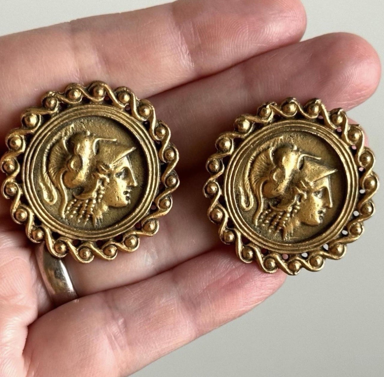 Vintage Alva Museum Scalloped Gold Tone Coin Pierced Earrings Signed