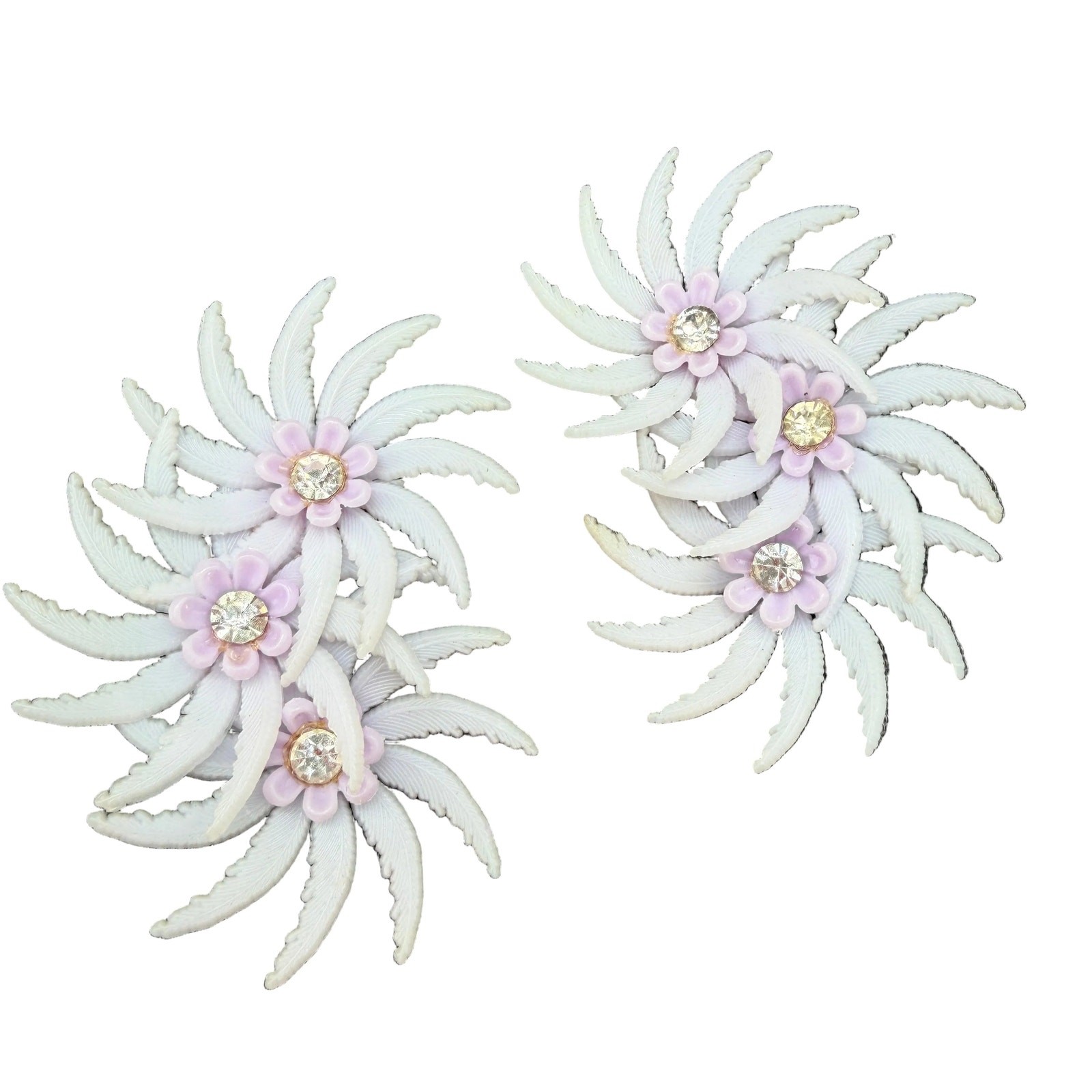 1950s Lavender Plastic Triple Floral Ear Climber Clip Earrings with Rhinestones