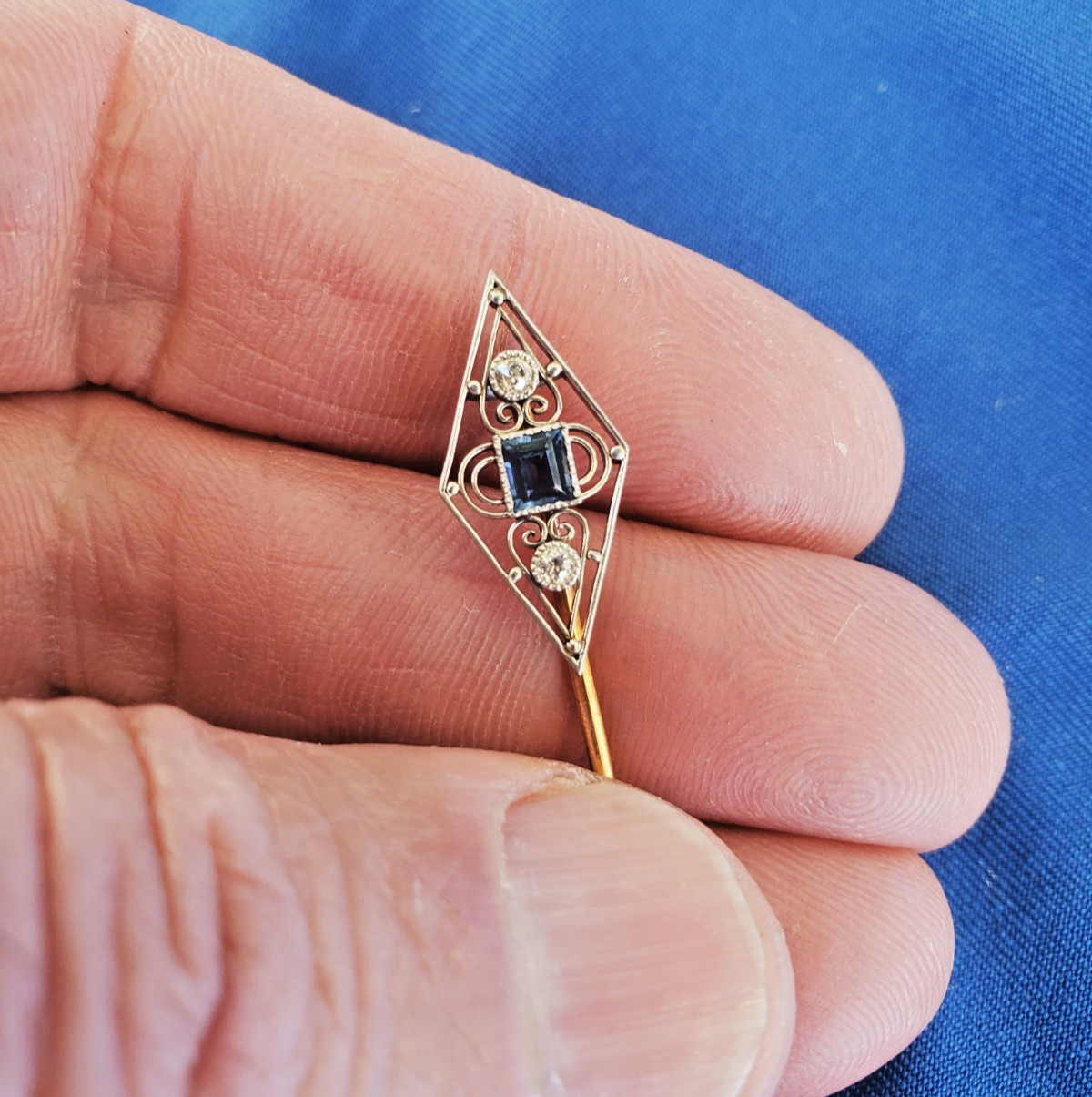 Original EARTH MINED Diamond Deco Pin 1920s Vintage Platinum Sapphire 14K GOLD