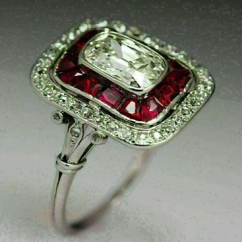 Art Deco Style Lab Created Diamond & Ruby Engagement 14K White Gold Finish Ring