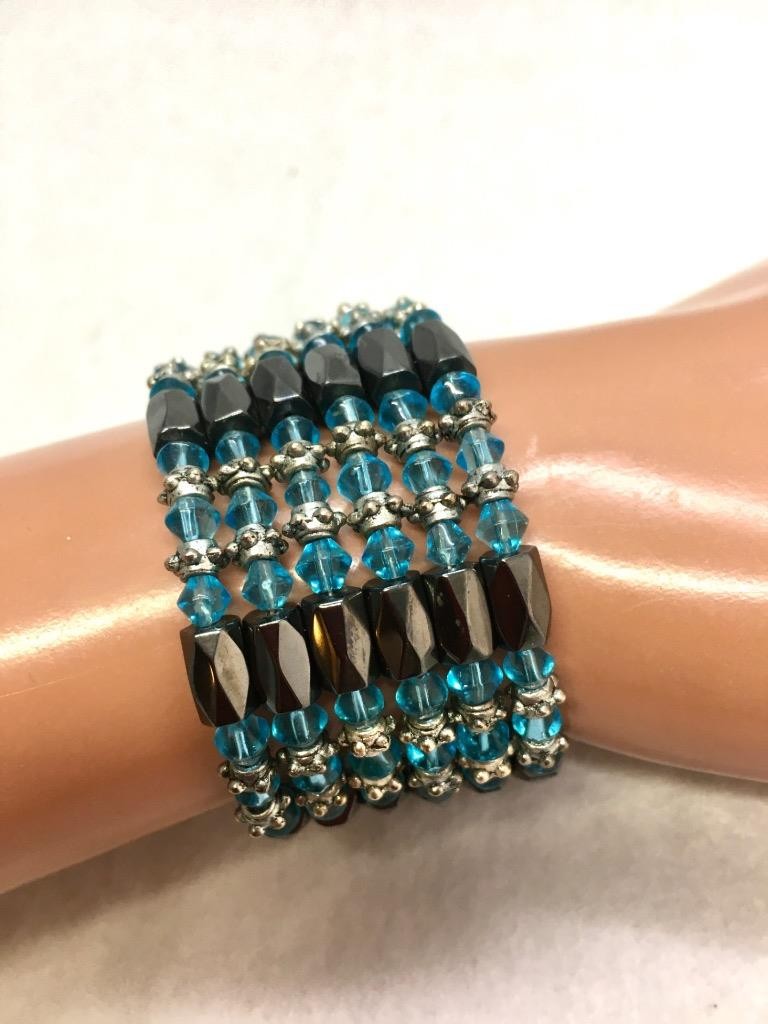 Magnetic Therapy Blue Crystal Hematite Wrap Bracelet 36” #51-5