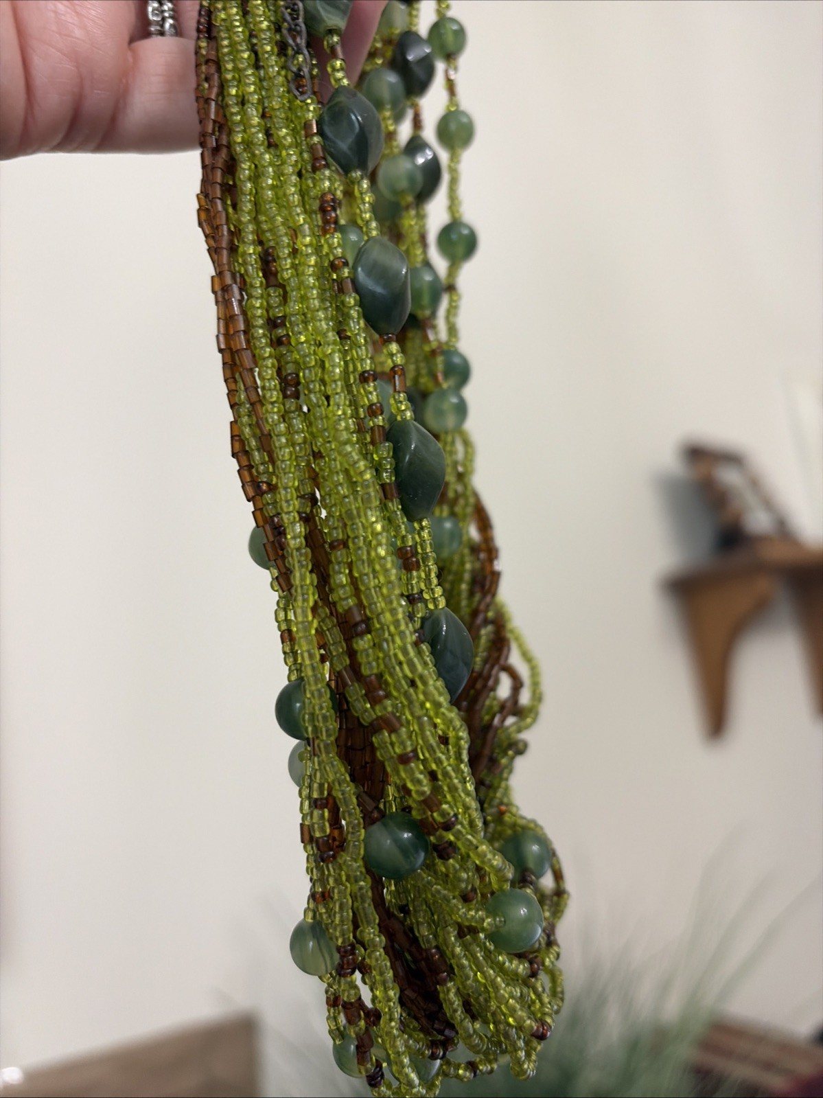 Multi Strand (25) Seed Bead Necklace 16” Choker Green and Brown Beads