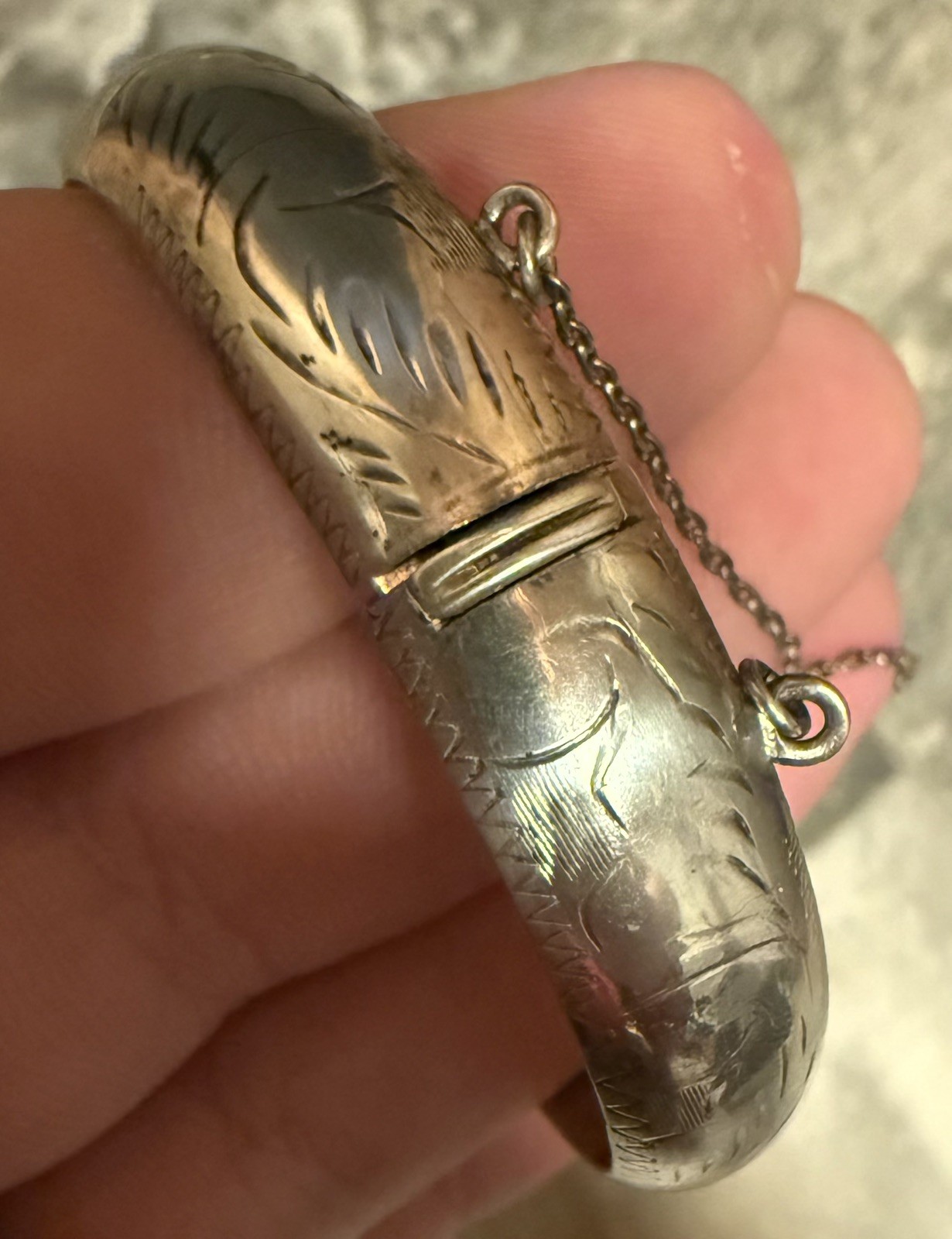 Vintage Silver Hinged Bangle Bracelet With Safety Chain Stamped 925