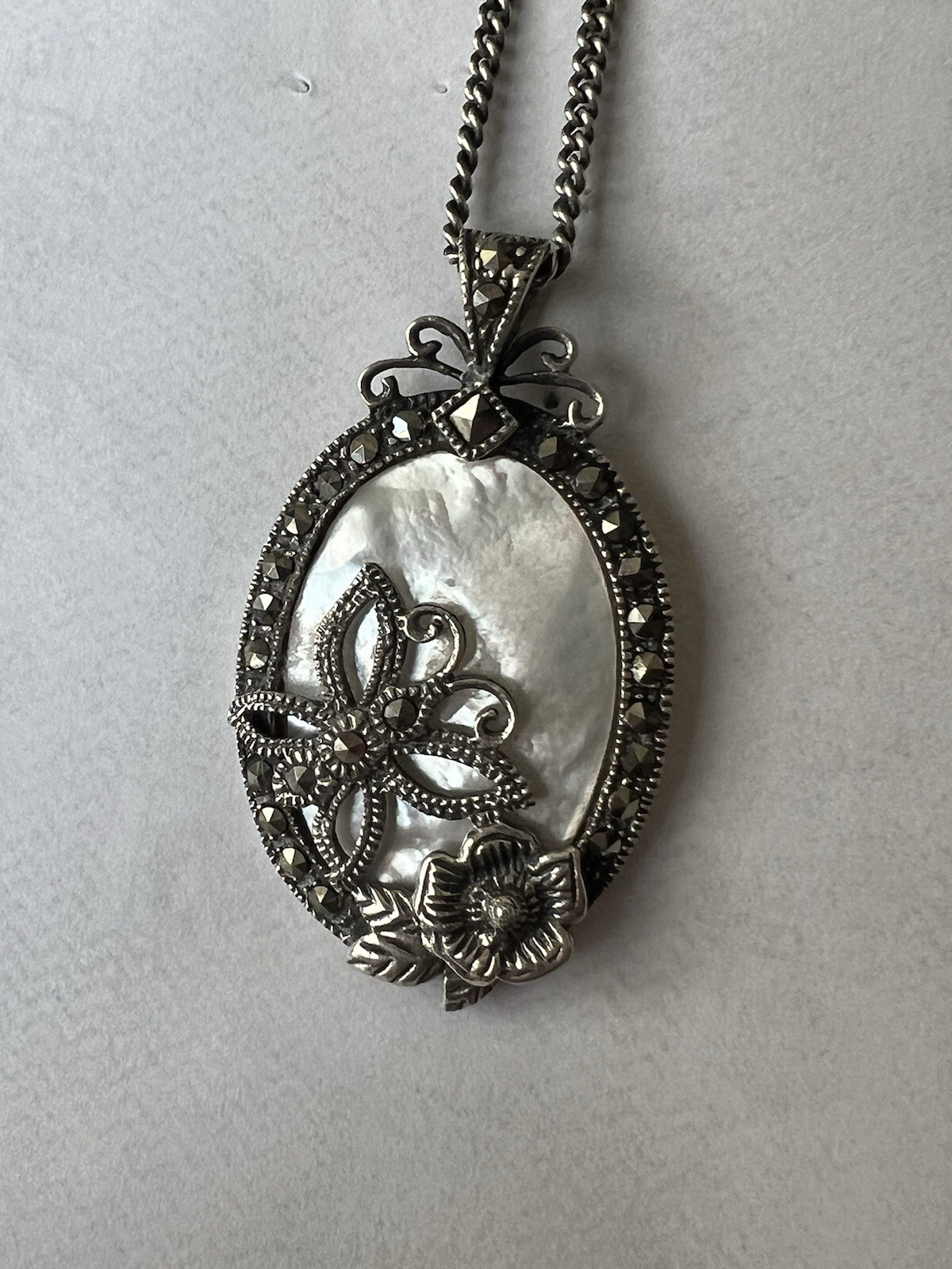 Vtg Sterling Mother of Pearl Marcasite Butterfly Pendant And None Silver Chain