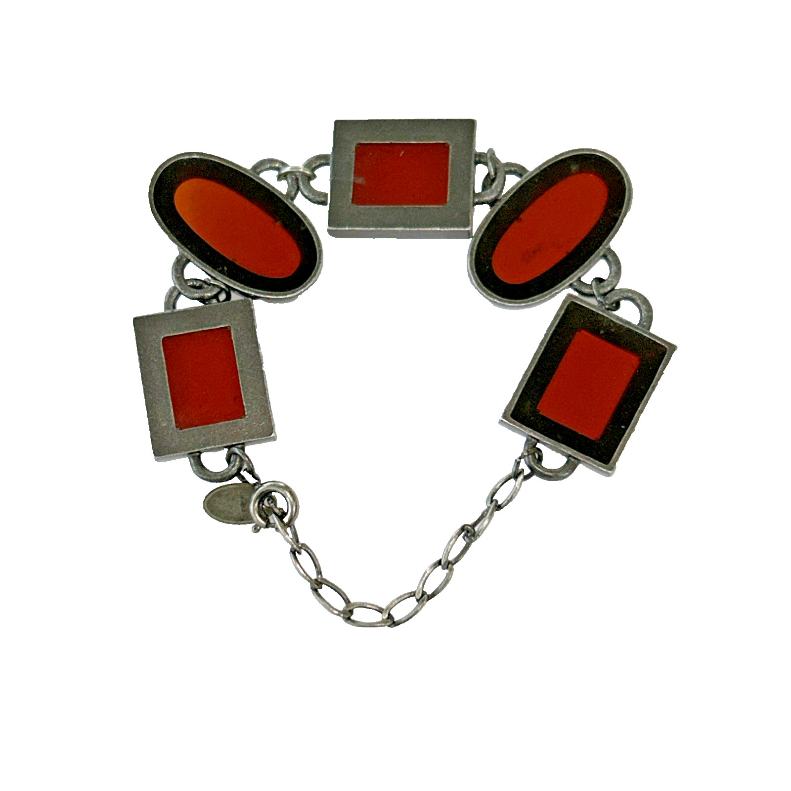 Vintage Bracelet Red Art Glass Retro Era Rectangle Silver Tone