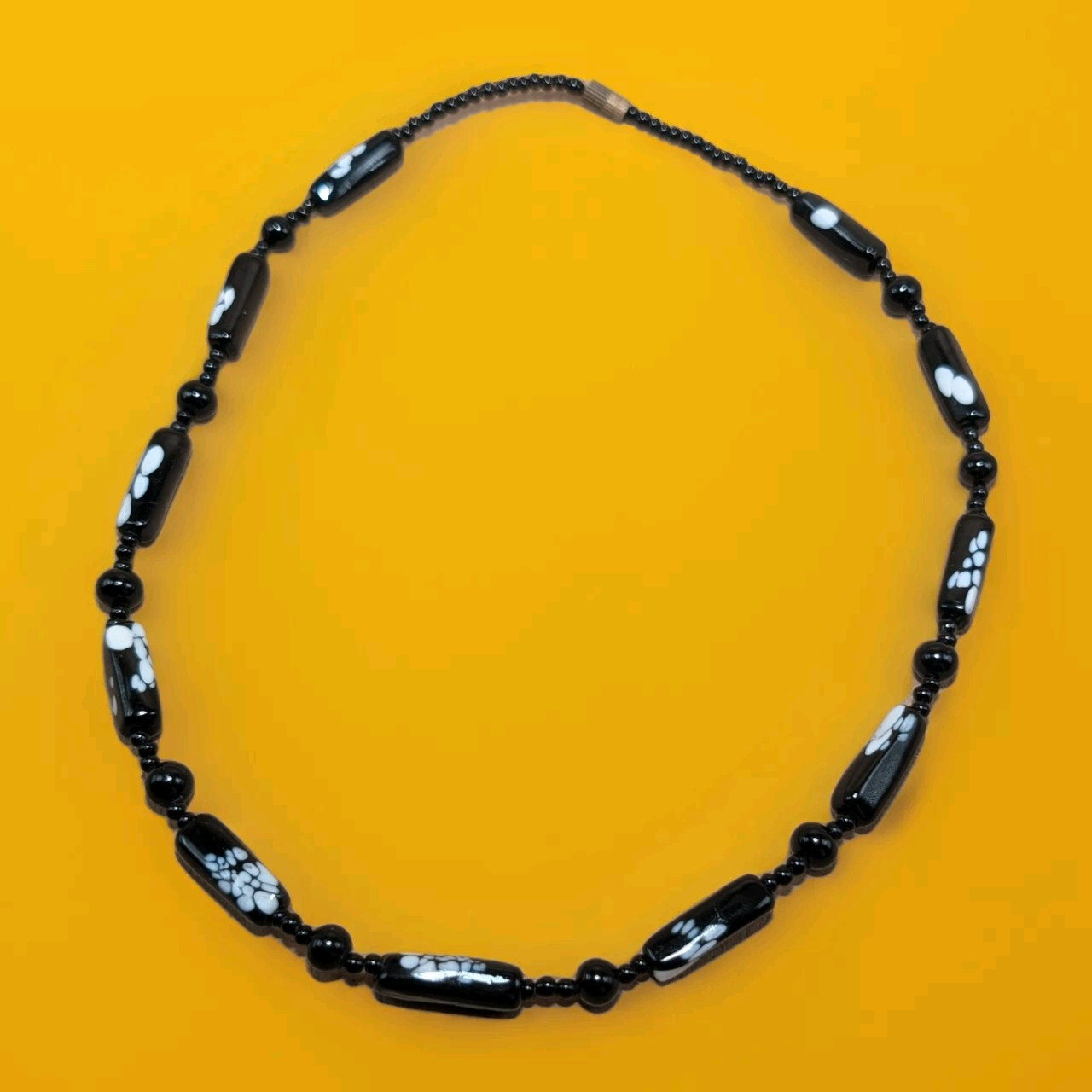 Vintage Black White Spotted Czech Lampwork Glass Bead Mid Century Choker 15.5in