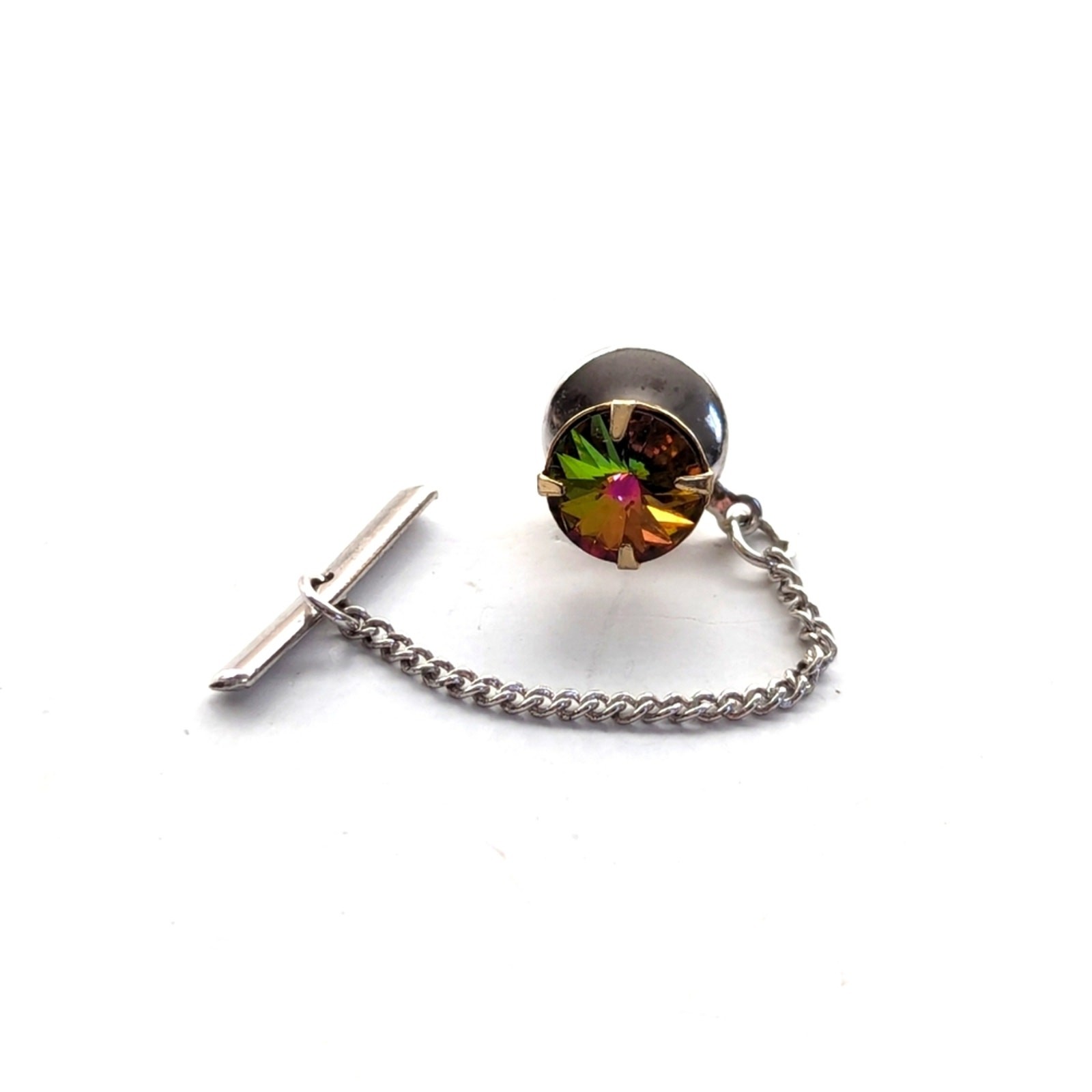 Vintage Estate Rivoli Prong Set Rainbow Rhinestone Lapel Tie Clasp Pin