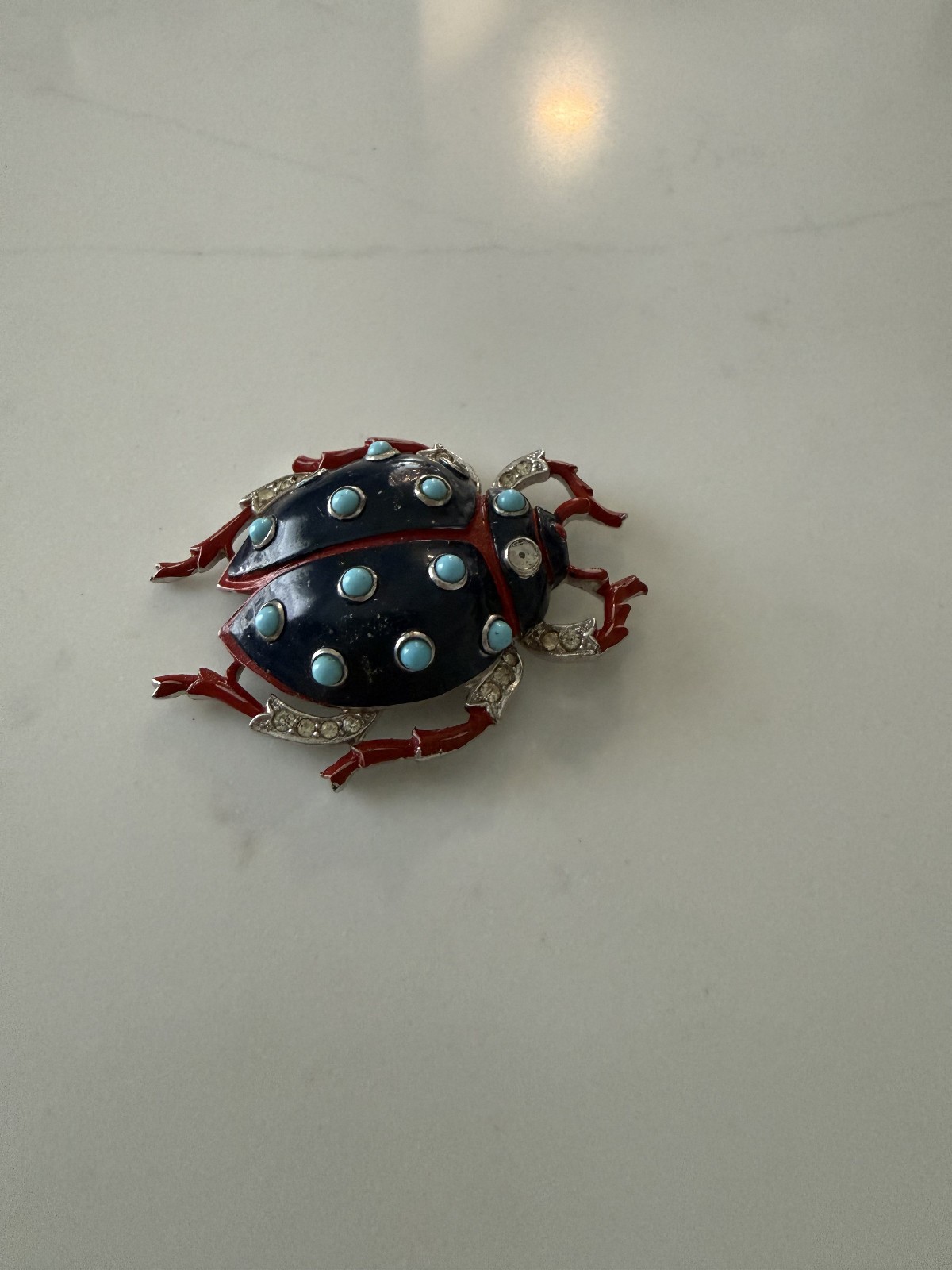 Trifari ‘Alfred Philippe’ Pave Navy Enamel/Turquoise Cabochons Ladybug Pin Clip