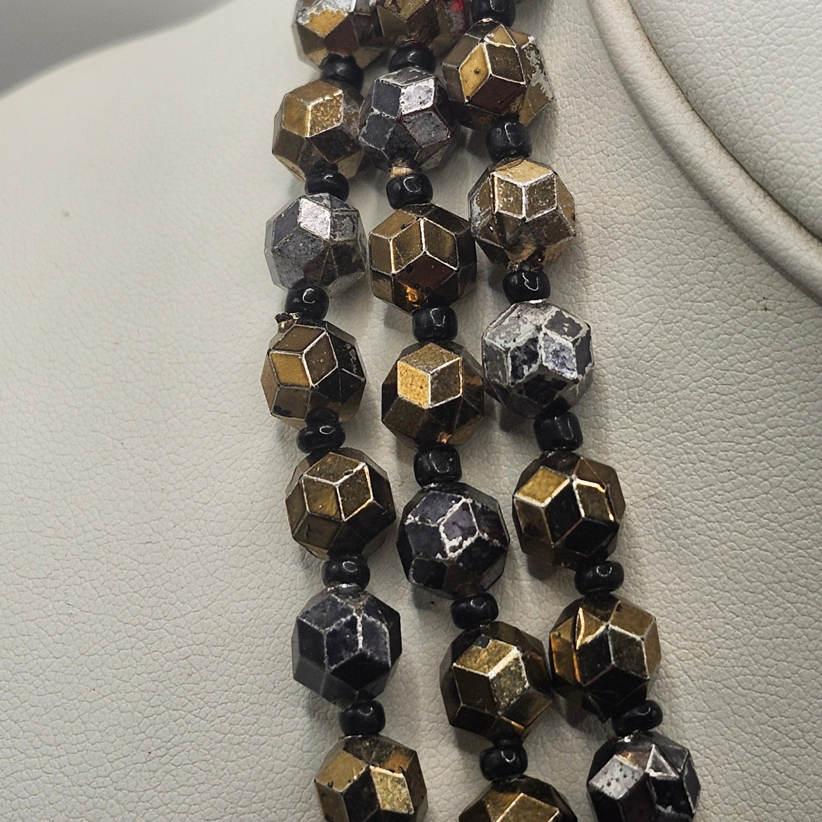 Vintage W Germany Multi Strand Beaded Necklace Gold Silver Tone Geometric READ