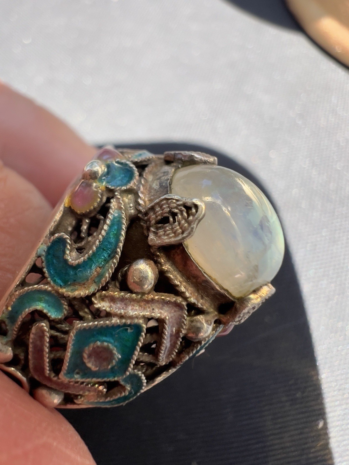 Vintage Chinese Export Sterling Silver Enamel Moonstone Ring Size 8 Marked S925