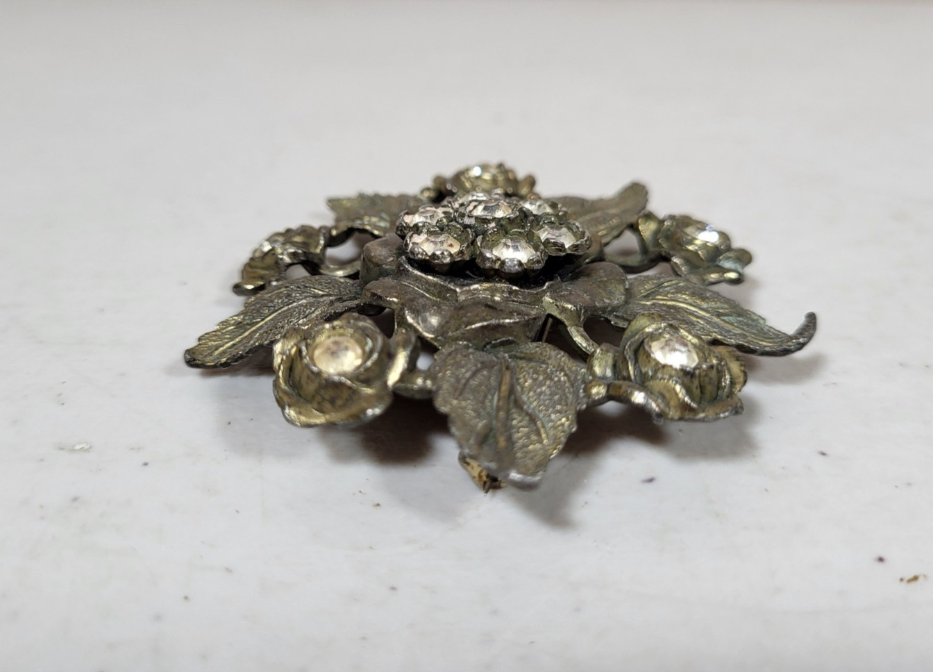 Vintage Little Nemo Floral Clear Rhinestone Brooch LN25 Silver Metallic Tone