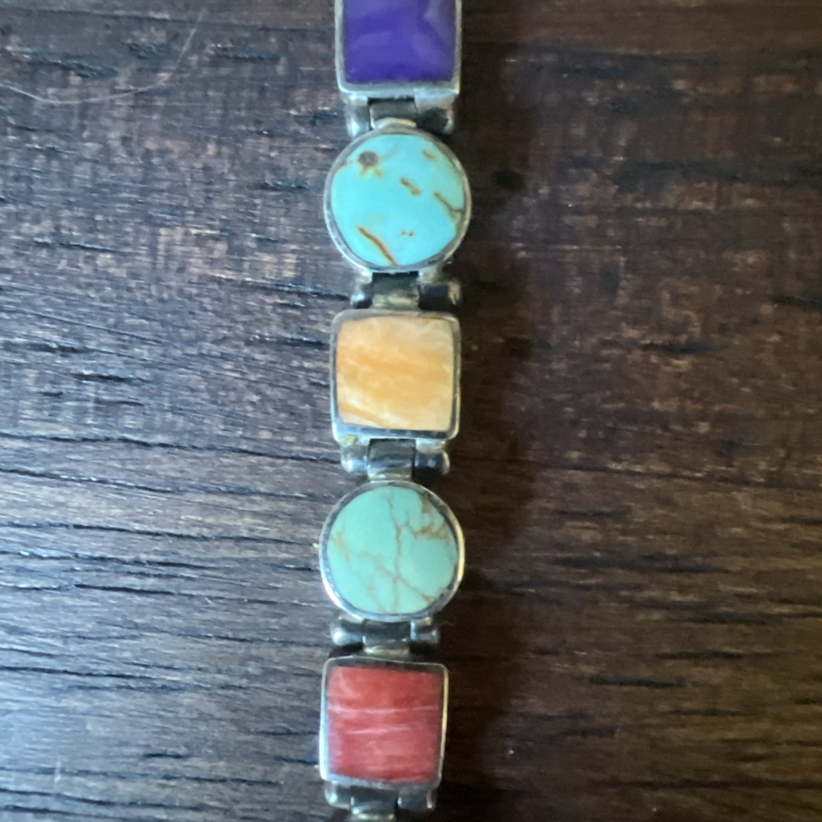 Vintage Sterling Silver 9.25 Multi Stone Inlay Bracelet 14 Grams 7” Long