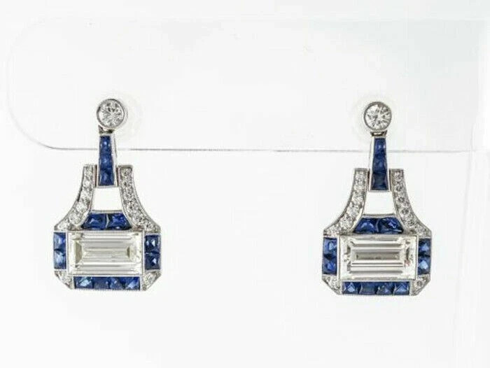 Art Deco Style Lab Created Diamond & Sapphire Wedding 14K White Gold FN Earrings