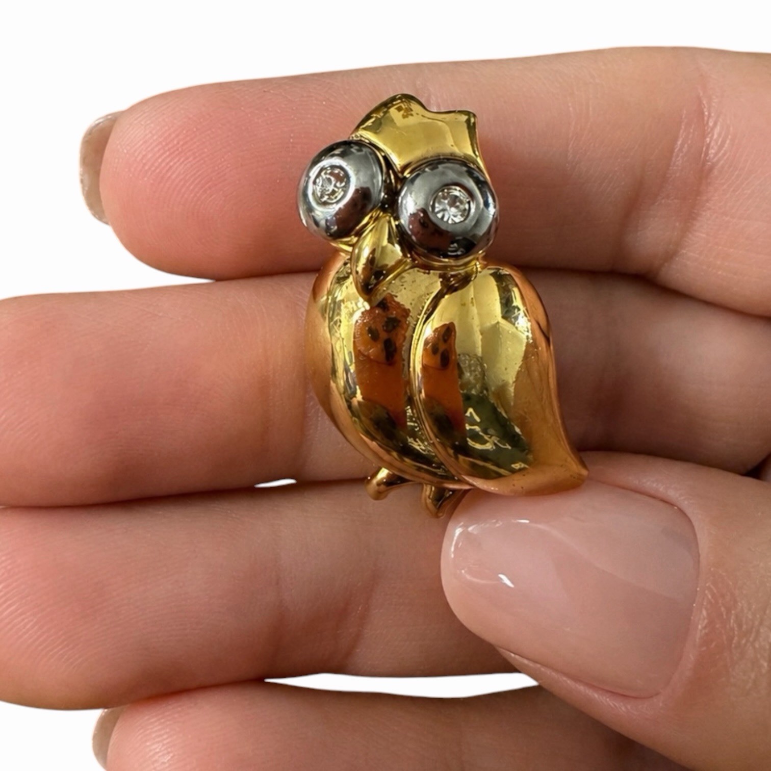 Vintage Mixed Metal Owl Brooch Gold & Silver Tone Rhinestone Eyes Figural Pin