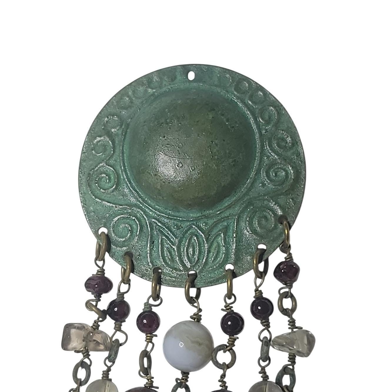 Vintage Boho Clip On Earrings Verdigris Patina Beaded Fringe Faux Turquoise