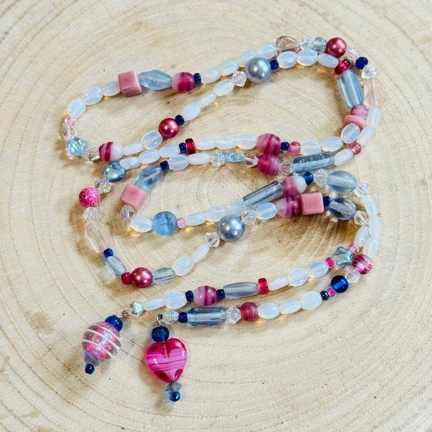 VTG pink Opalescent wrap Necklace Opalite Art Glass Beads moonglow long 38″ rare