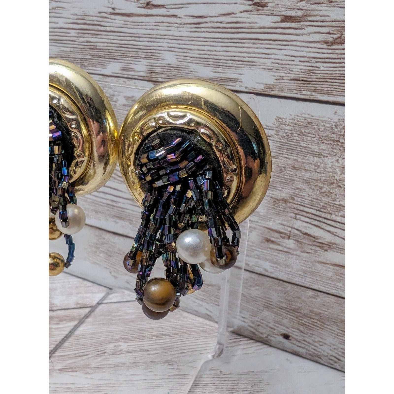 Vintage Clip On Earrings Extra Large Statement Earrings Beaded Dangle