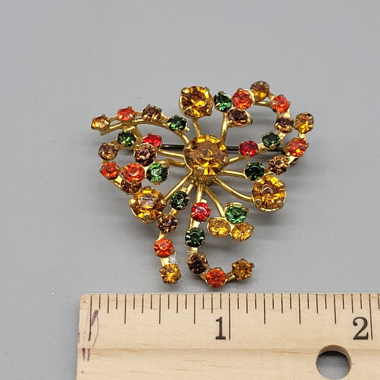 Vintage Multi-Color Rhinestone Brooch Made In Austria Orange Green Yellow 1.5″W