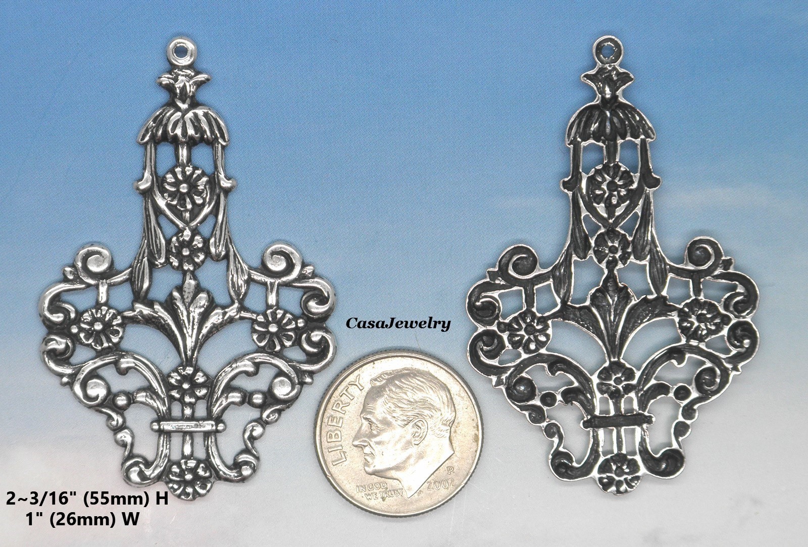 #1749 ANTIQUED STERLING SILVER PLATED DAPPED FILIGREE W/TOP HANG RING – 2 Pcs