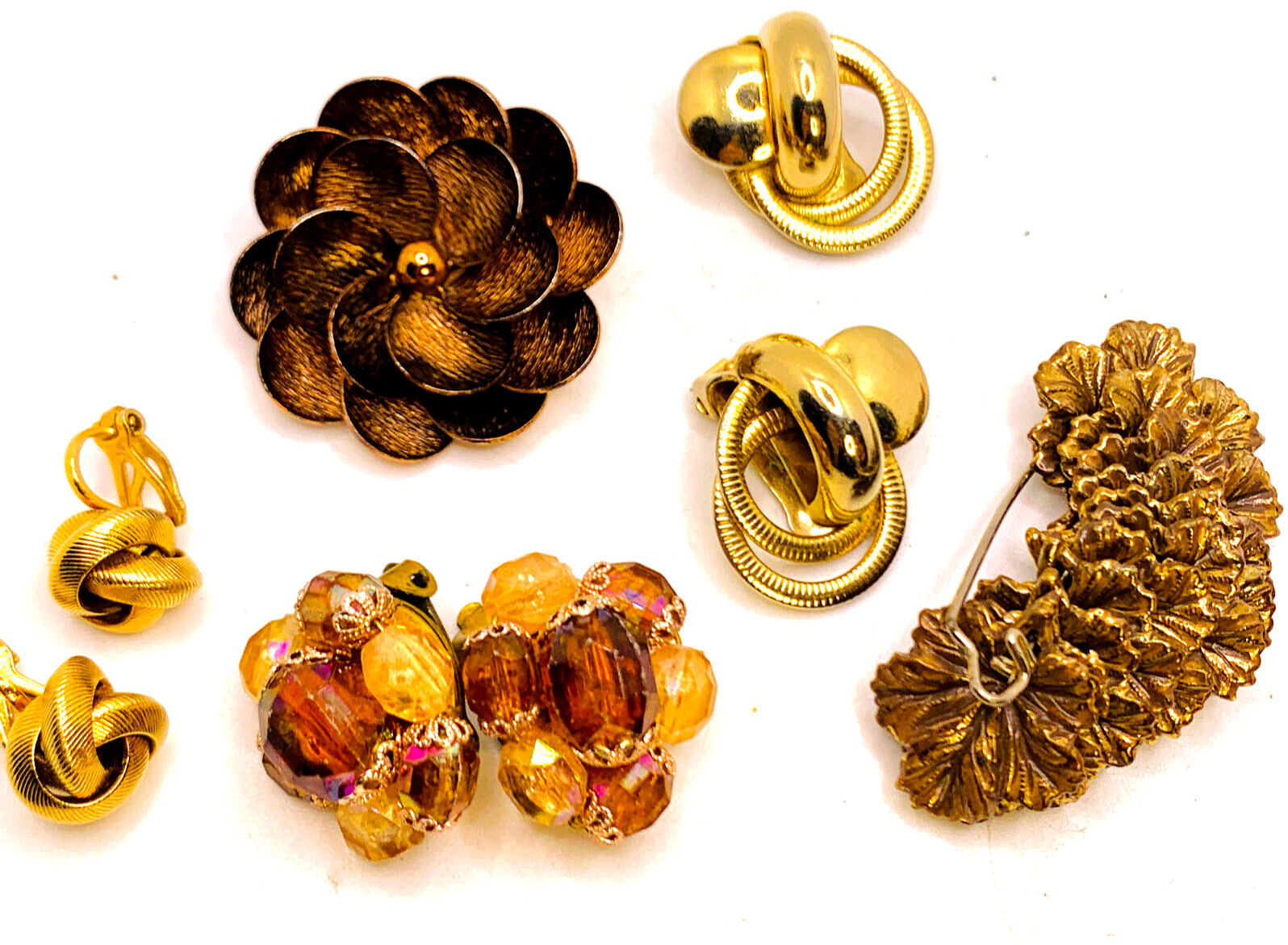 Lot 5 Vtg Gold & Copper Tone Jewelry Brooches Clip Earrings Western Germany Etc.