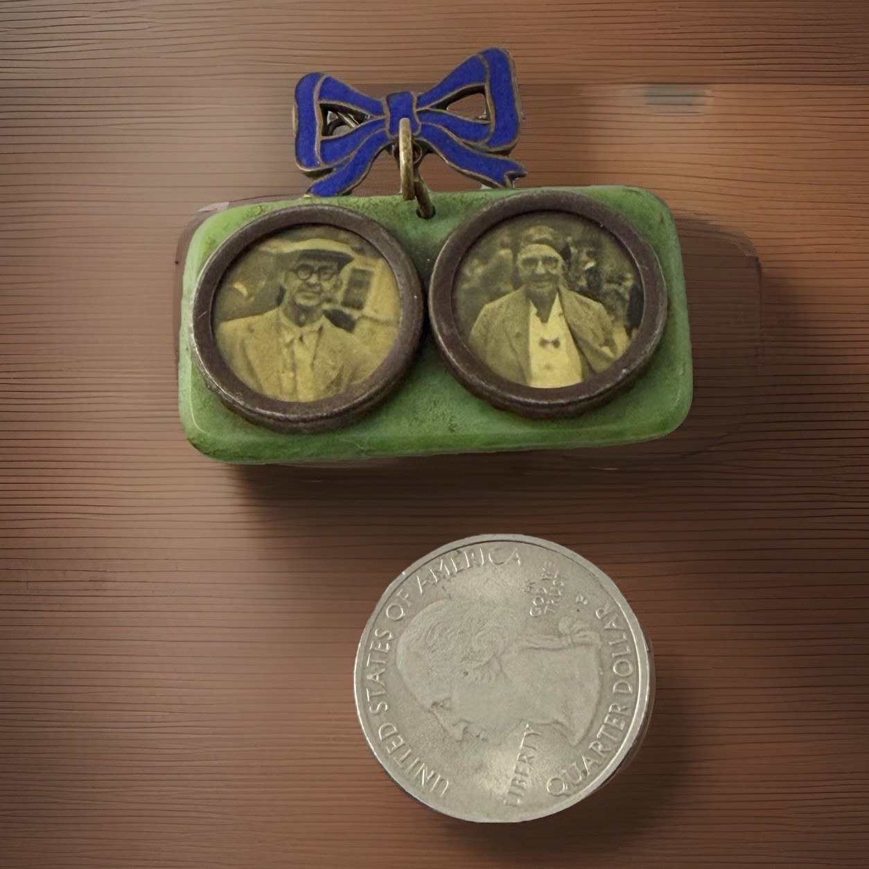 Antique Blue Enamel Ribbon Pin Double Photo Momento Mori Mourning Brooch