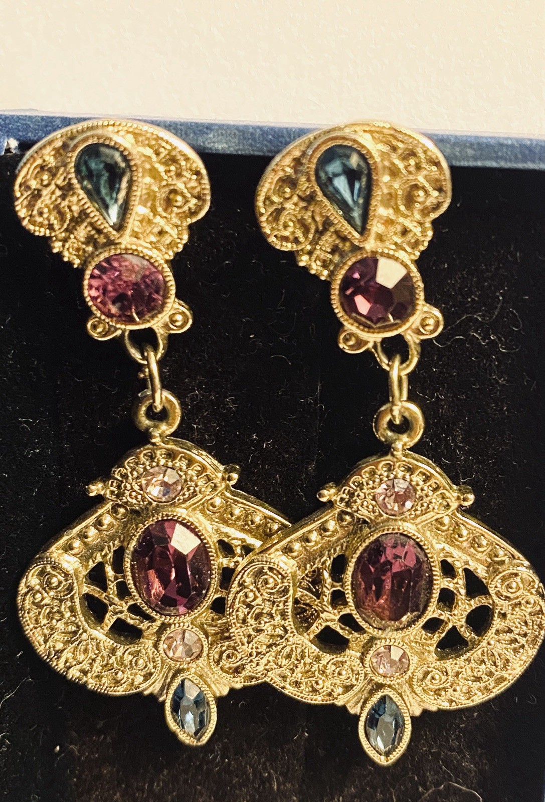 Earrings for women Baroque Style Vintage EUC Gold Tone Ruby Blue Crystals