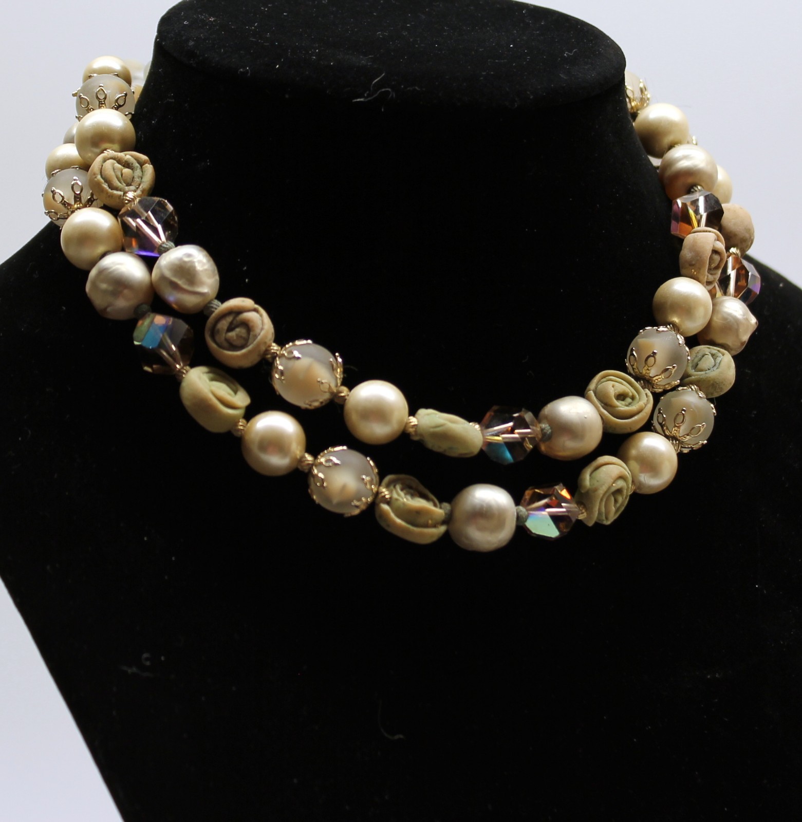Vtg Vendome Double Strand Mixed Beads Necklace Bicone Polymer Frosted Faux Pearl