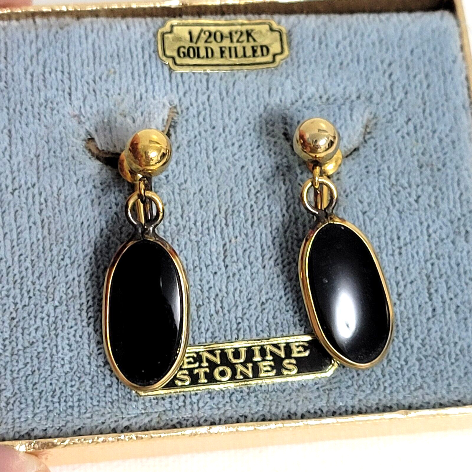 Vtg BAL RON Black Onyx 1/20-12K G.F. Gold-Filled Earrings – Screw Back Unused