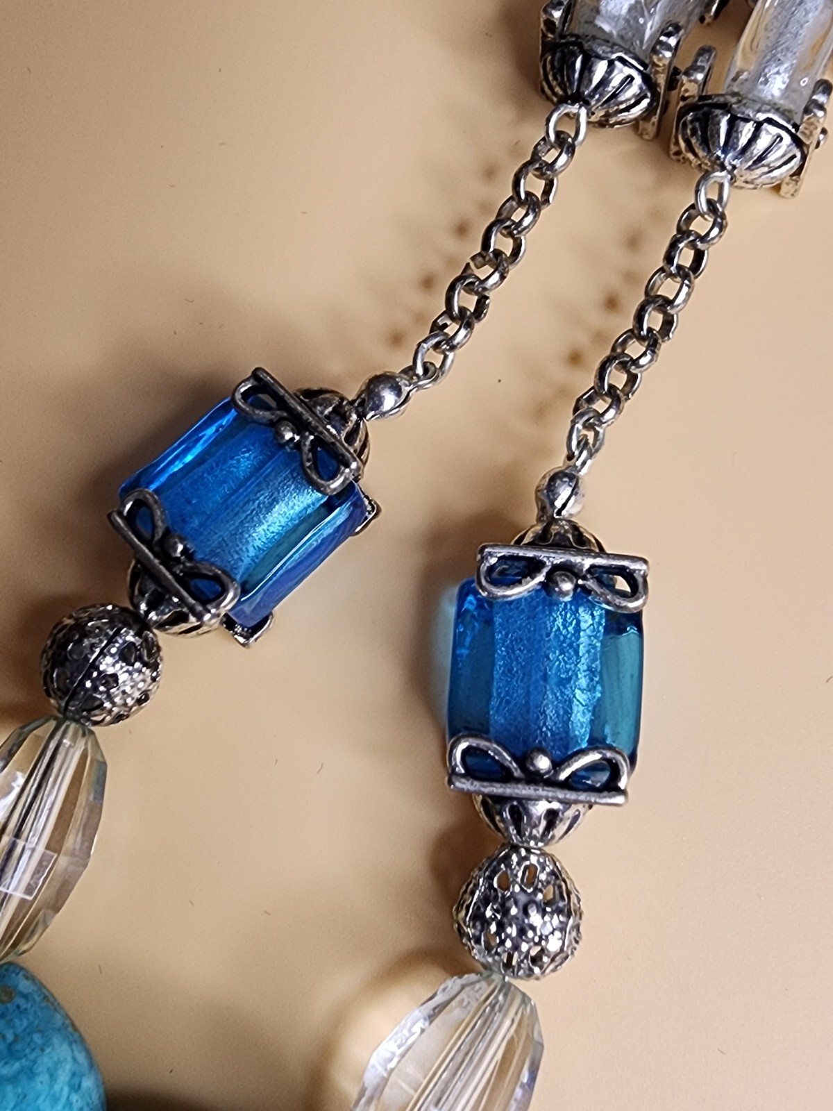 Vintage NINA RICCI Necklace Green Faceted Lucite Blue Glass Pendant 18″Avon