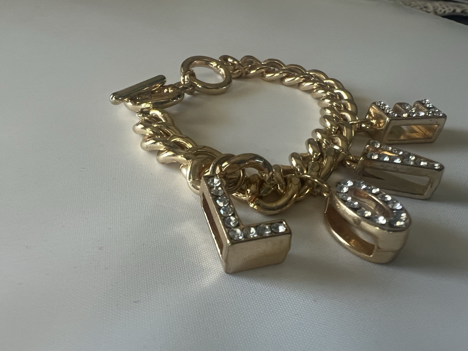 Vintage Gold Tone LOVE Charms Dangle Clear Rhinestone Bracelet