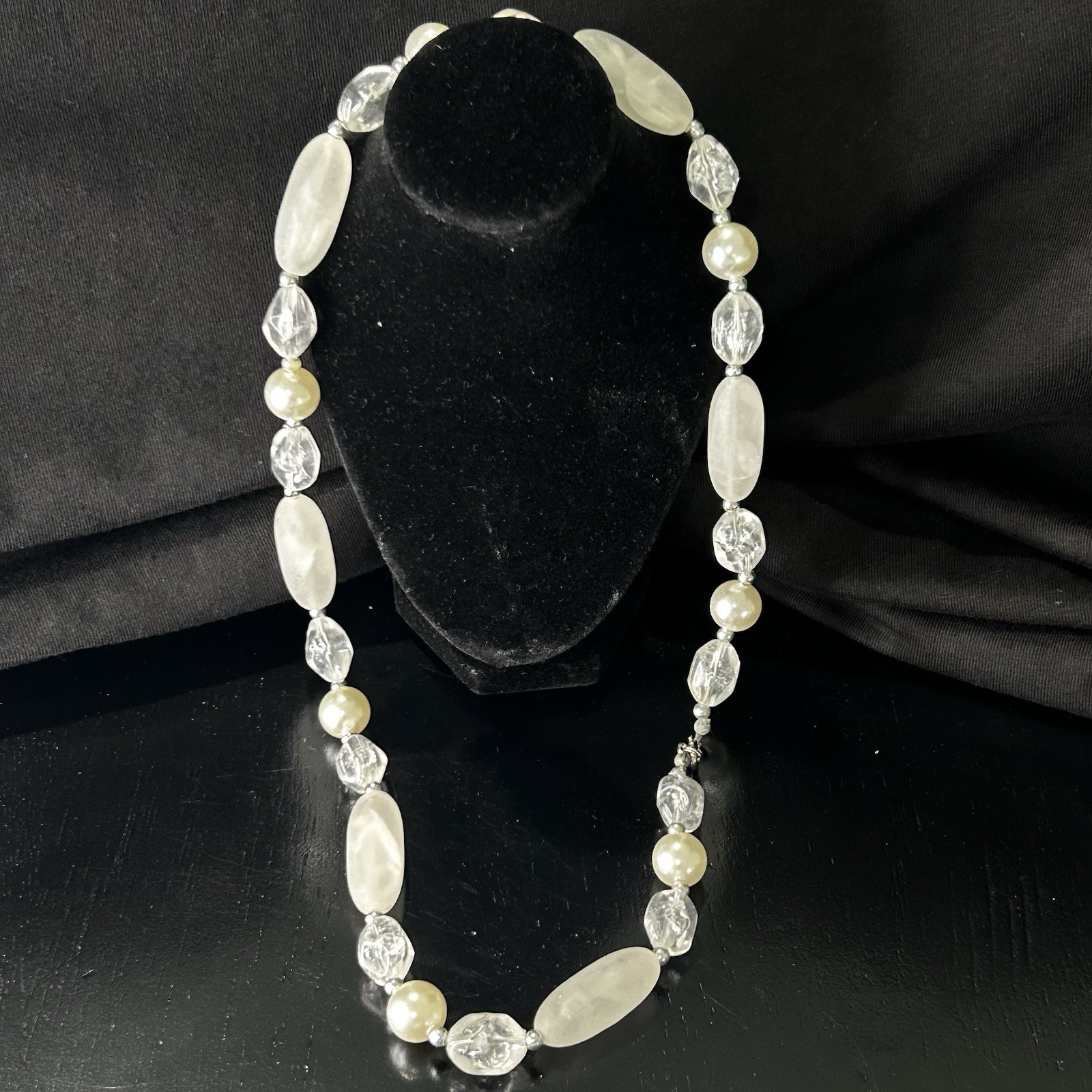 Vintage Baroque Strung Pearl Beaded Necklace with Elongated Clear Acrylic 22”