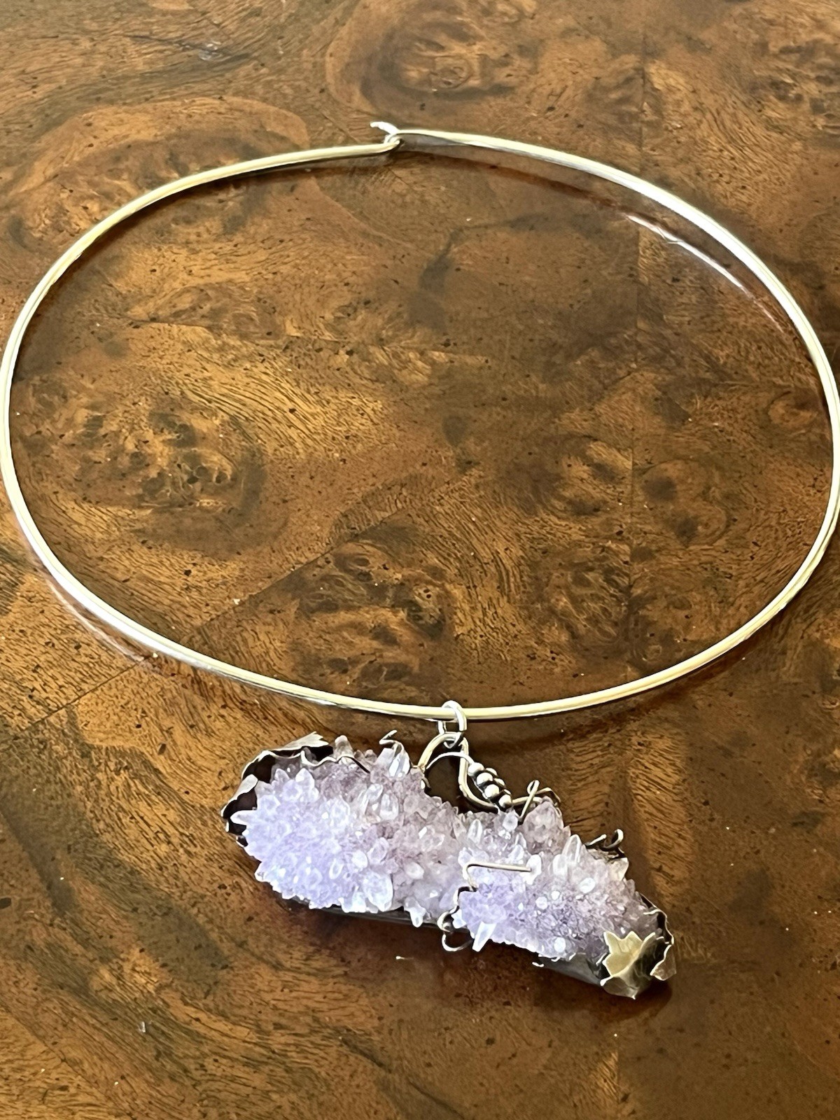 Vtg Arthur King Era MCM Brutalist Sterling Amethyst Druzy Statement Necklace