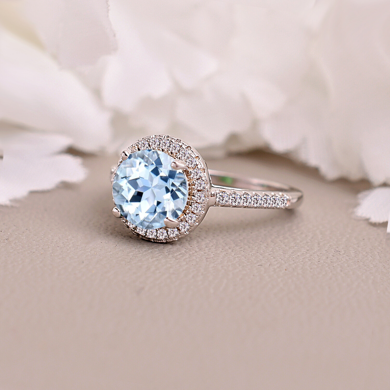Round Cut Aquamarine Wedding Ring Anniversary Gift For Her Couple Ring Halo Ring