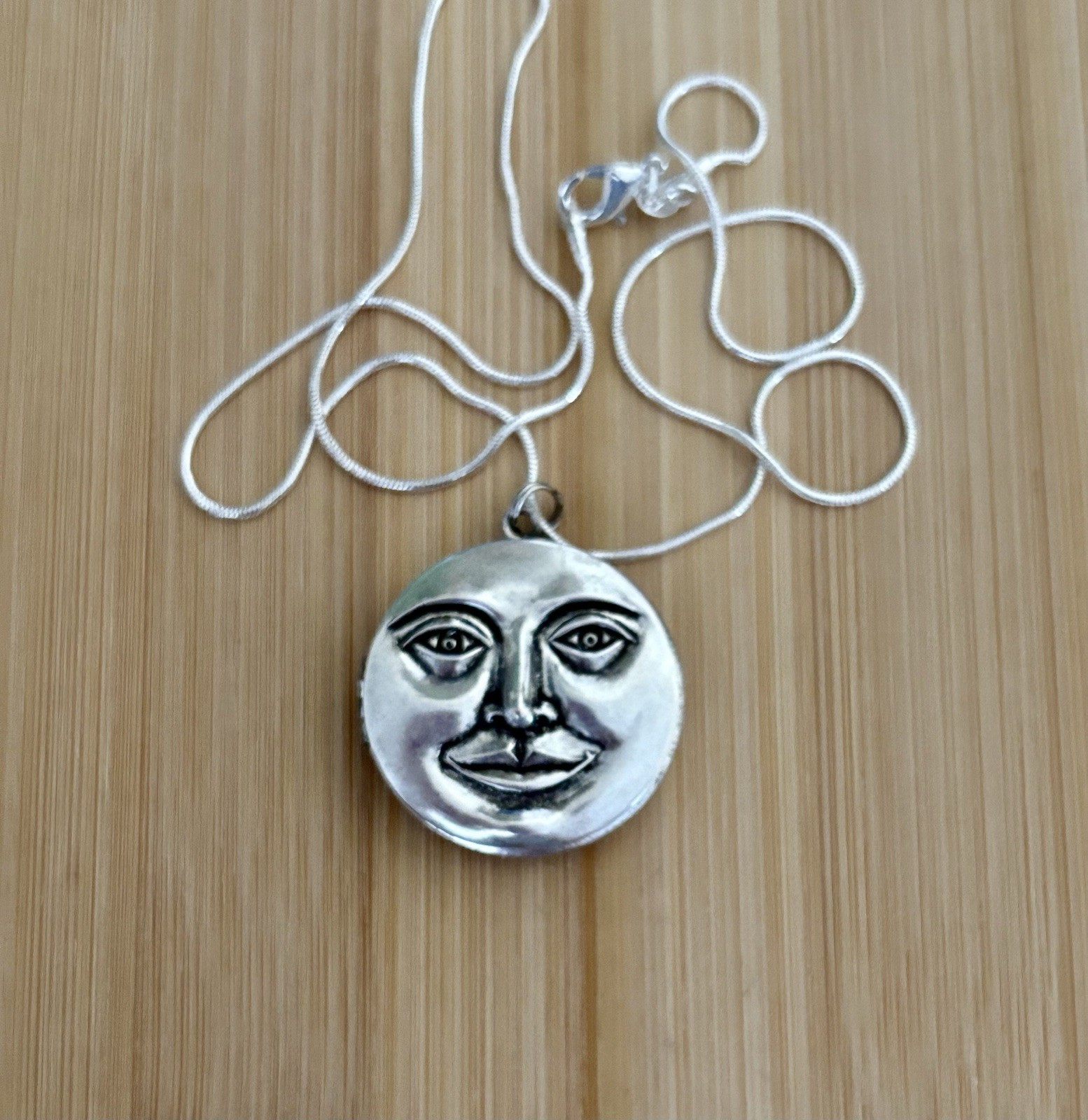 Full Moon Face Locket Necklace Sterling Silver Chain Secret Pillbox Vtg Pendant