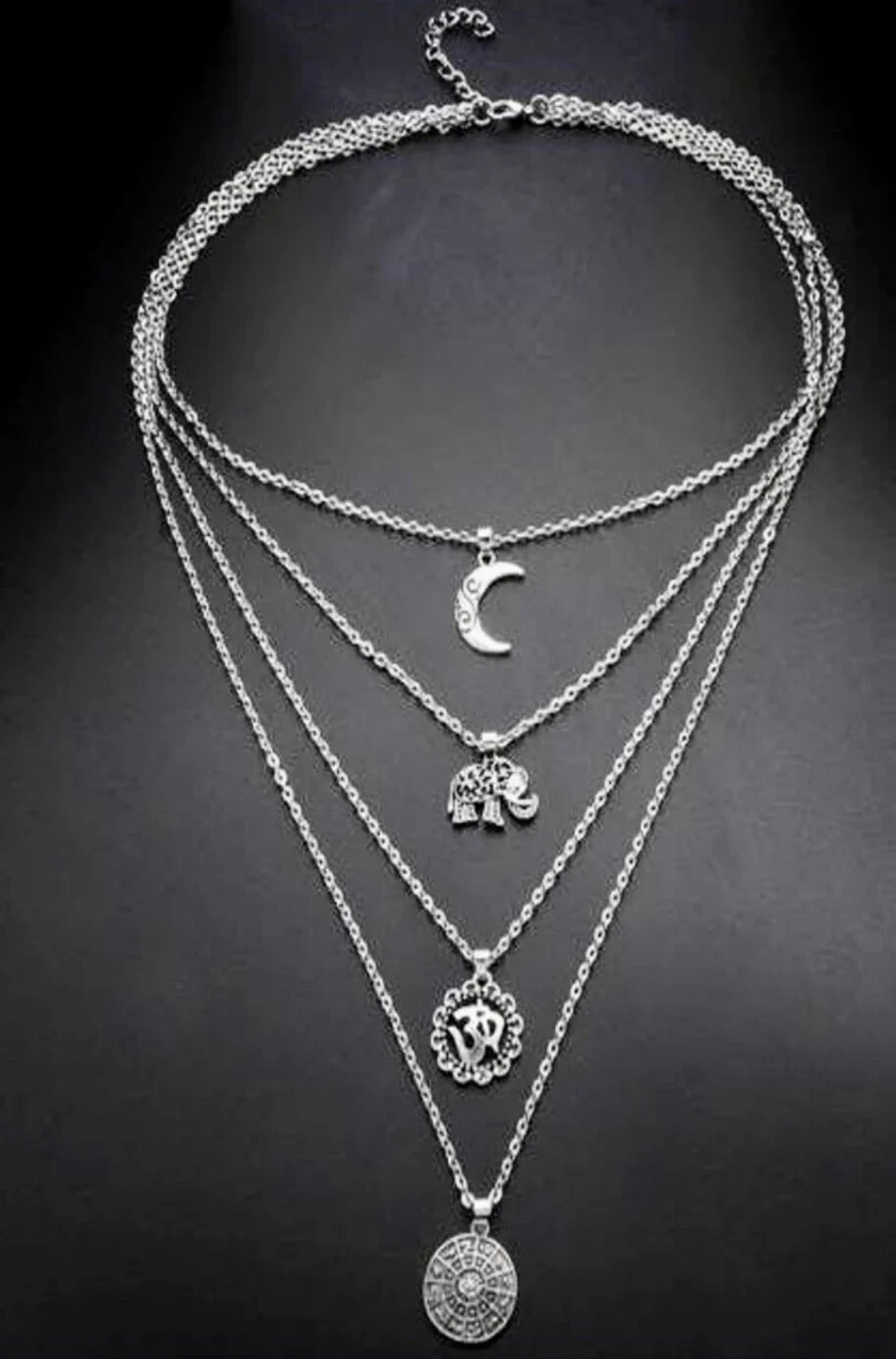 Chic Trendy Boho Multi-Strand Chains Silver Tone Moon Elephant 20-26″ Necklace