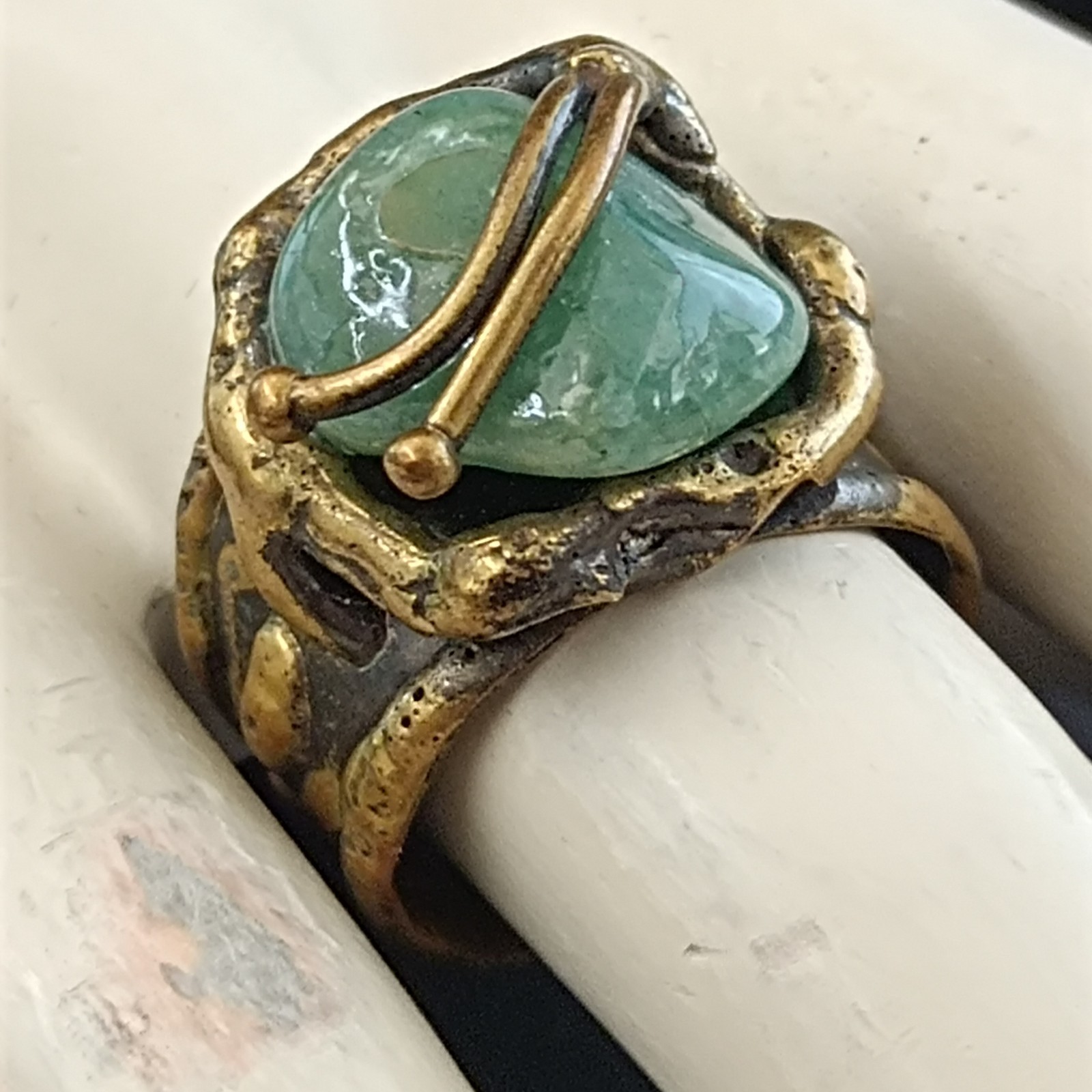 Brutalist Boho Ring Green Stone Organic Art Nouveau Revival Adjustable Statement