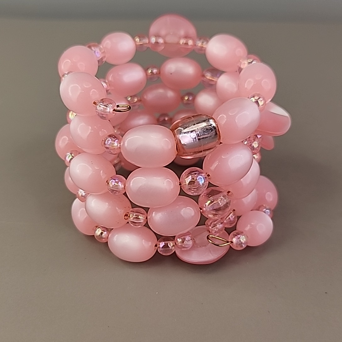 Vintage Moonglow Wrap Beaded Bracelet Pink Oval Memory Wire Acrylic