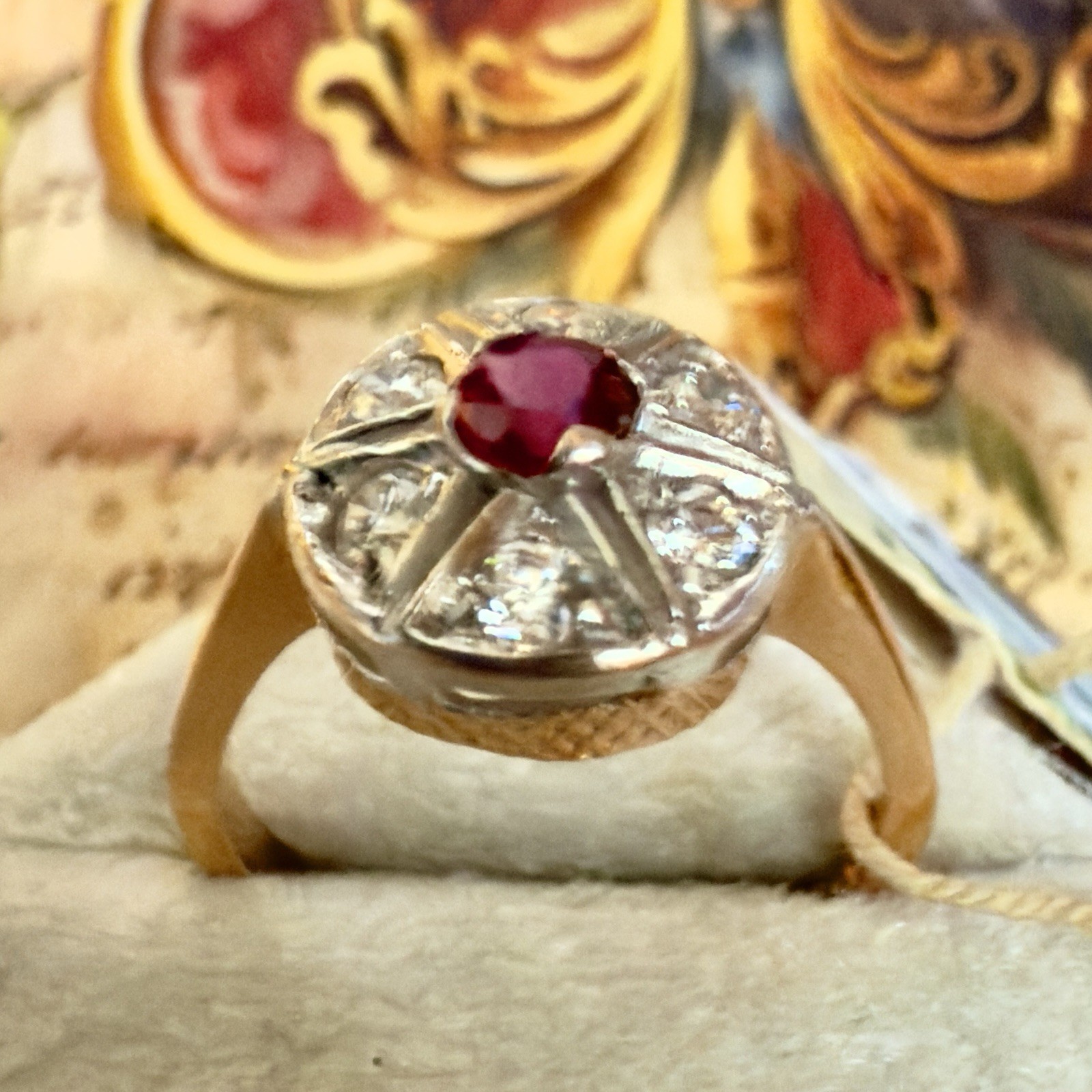 Size 7.5 -14K 583 Rose & White Gold Vintage East European Gemstone Ring -#1897