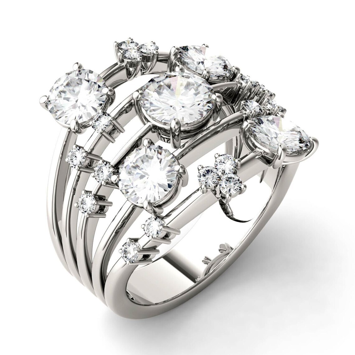 2.50Ct Round Five Moissanite Galaxy Statement Women Ring in 935 Argentium Silver
