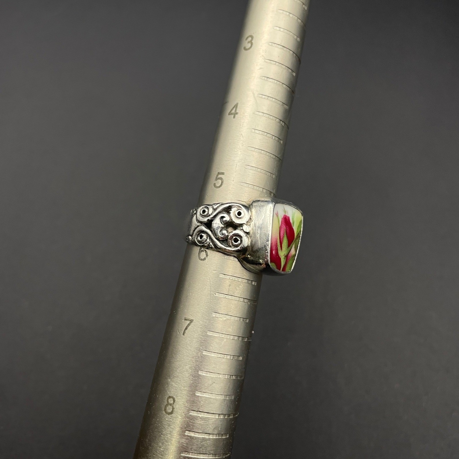 Sterling Silver Rosebud Flower Ring Ceramic Jewelry Cottage Vintage Fuchsia